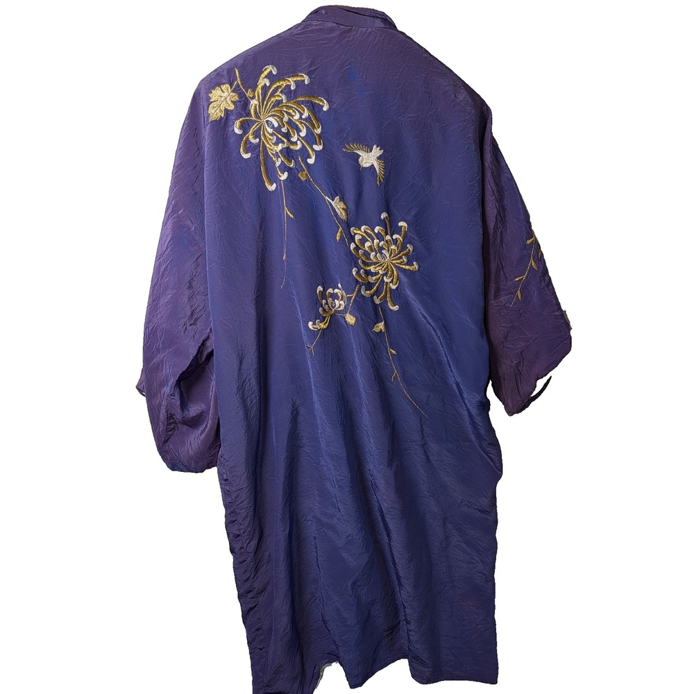 VTG Kimono, Embroidered Dove & Flowers, Japan, 1960's, 39" Tall 12" Sleeves Blue
